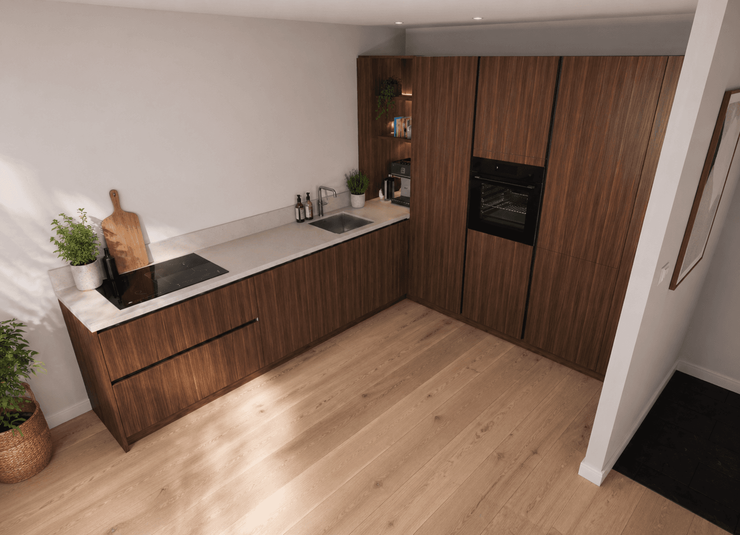 Walnoot hoek keuken met licht stenen blad