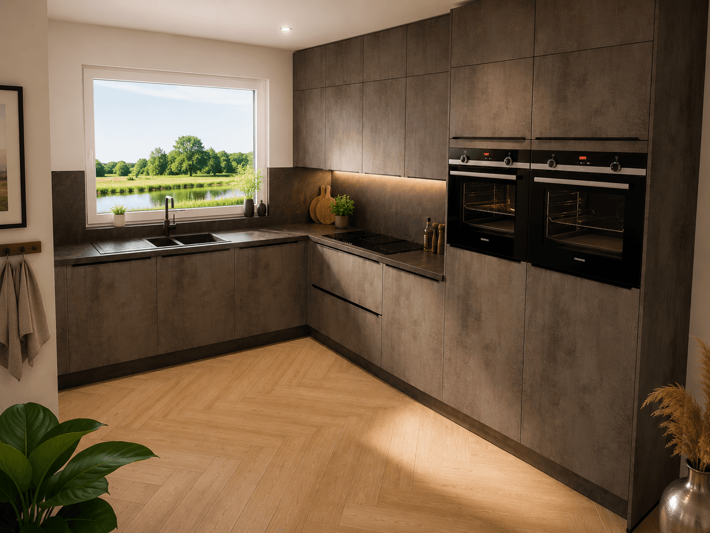Betonlook hoek keuken met dubbele ovens en meerzicht